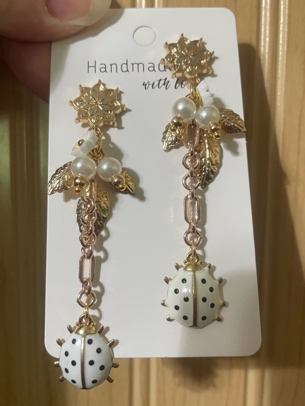 Gold Floral Pearl Drop Earrings with White Polka Dot Ladybug - Picture 5 of 11